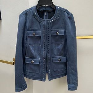 WHBM blue/gray vegan suede jacket with gunmetal accents. Soft and comfy. Size 4.